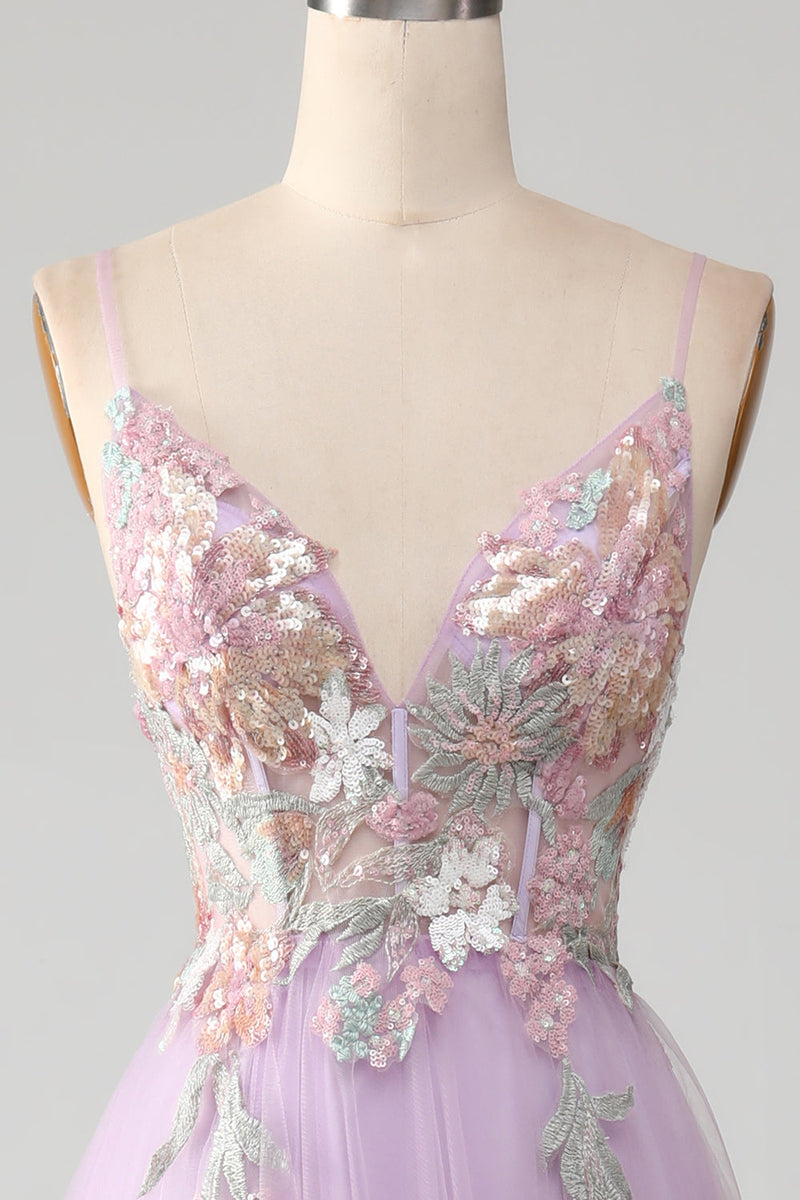 Load image into Gallery viewer, Glitter A-Line Spaghetti Straps Lilac Long Formal Dress with Flowers