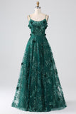 Glitter Dark Green Spaghetti Straps Lace Flower Long Corset Formal Dress