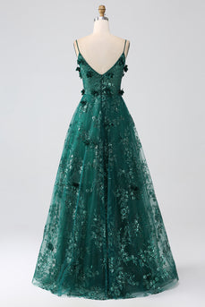 Glitter Dark Green Spaghetti Straps Lace Flower Long Corset Formal Dress