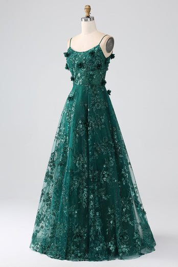 Glitter Dark Green Spaghetti Straps Lace Flower Long Corset Formal Dress
