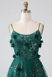 Glitter Dark Green Spaghetti Straps Lace Flower Long Corset Formal Dress