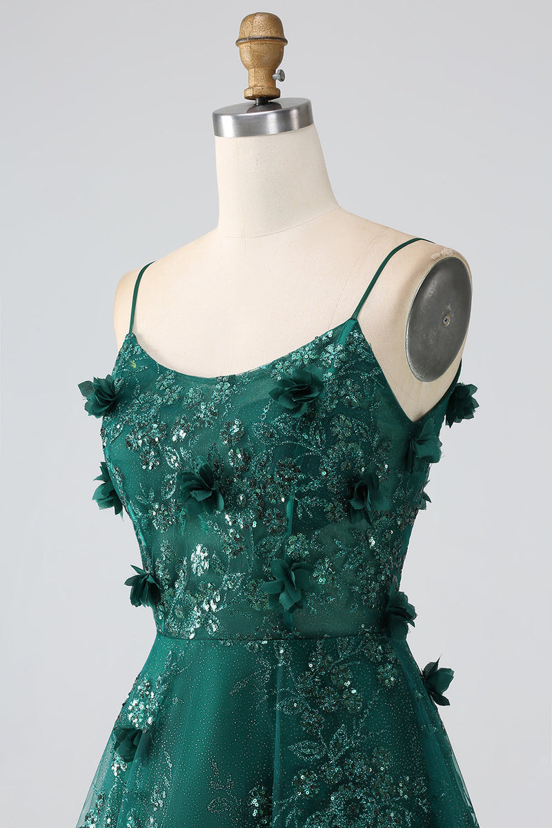 Load image into Gallery viewer, Glitter Dark Green Spaghetti Straps Lace Flower Long Corset Formal Dress