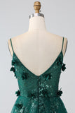 Glitter Dark Green Spaghetti Straps Lace Flower Long Corset Formal Dress