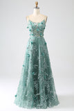 Glitter Grey Green Lace Flower Long Corset Formal Dress