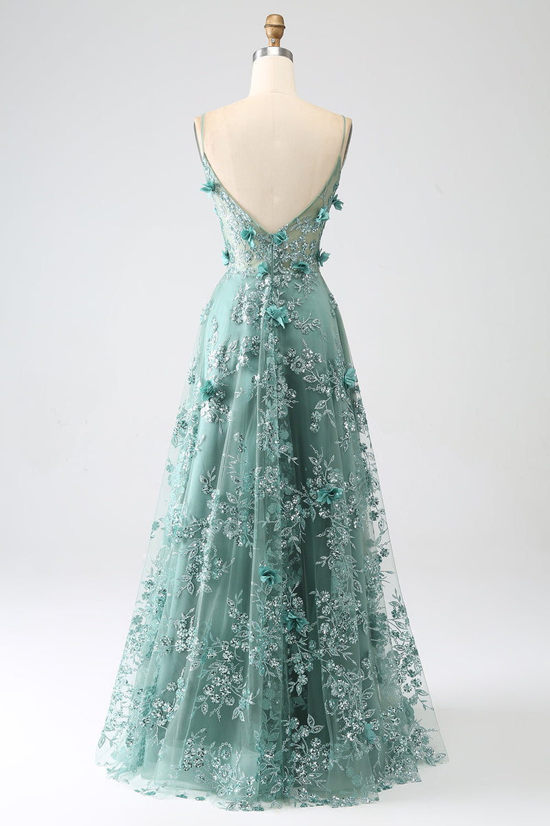 Load image into Gallery viewer, Glitter Grey Green Lace Flower Long Corset Formal Dress