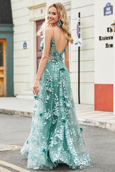 Green Spaghetti Straps A Line Formal Dress with Appliques