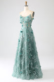 Glitter Dark Green Spaghetti Straps Lace Flower Long Corset Formal Dress