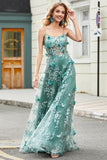 Green Spaghetti Straps A Line Formal Dress with Appliques