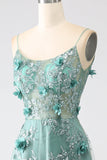 Glitter Grey Green Lace Flower Long Corset Formal Dress