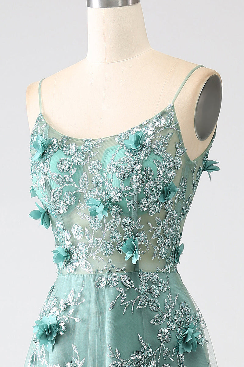 Load image into Gallery viewer, Glitter Dark Green Spaghetti Straps Lace Flower Long Corset Formal Dress