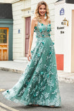 Green Spaghetti Straps A Line Formal Dress with Appliques