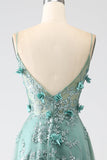 Glitter Dark Green Spaghetti Straps Lace Flower Long Corset Formal Dress