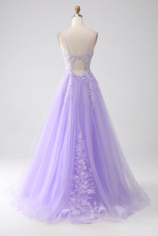 Lilac A-Line Spaghetti Straps Tulle Long Formal Dress with Appliques