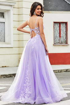 Gorgeous A Line Spaghetti Straps Lilac Tulle Long Formal Dress with Appliques