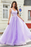 Gorgeous A Line Spaghetti Straps Lilac Tulle Long Formal Dress with Appliques