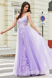 Gorgeous A Line Spaghetti Straps Lilac Tulle Long Formal Dress with Appliques