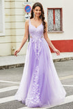 Gorgeous A Line Spaghetti Straps Lilac Tulle Long Formal Dress with Appliques