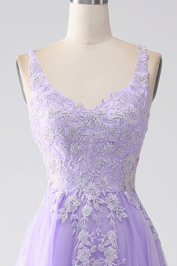 Lilac A-Line Spaghetti Straps Tulle Long Formal Dress with Appliques