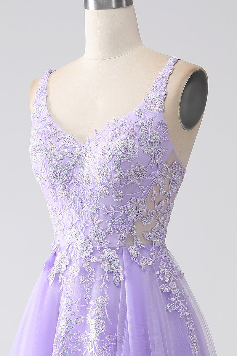 Load image into Gallery viewer, Lilac A-Line Spaghetti Straps Tulle Long Formal Dress with Appliques