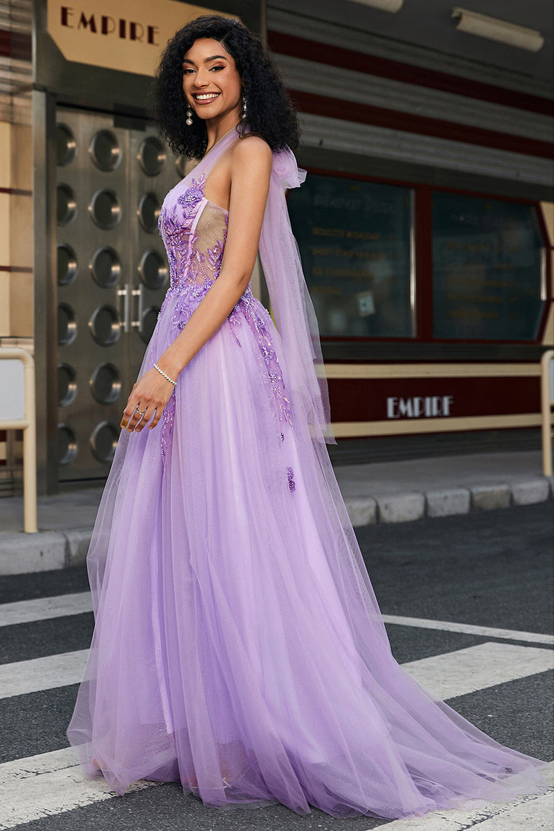 Load image into Gallery viewer, Gorgeous A Line Halter Neck Grey Purple Corset Formal Dress with Appliques