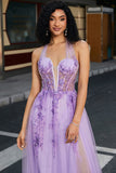 Gorgeous A Line Halter Neck Grey Purple Corset Formal Dress with Appliques