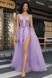 Gorgeous A Line Halter Neck Grey Purple Corset Formal Dress with Appliques