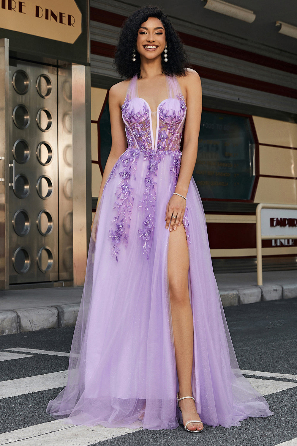 Gorgeous A Line Halter Neck Grey Purple Corset Formal Dress with Appliques