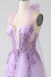 Grey Purple A-Line Halter Neck Beaded Long Formal Dress