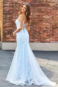 Light Blue Sparkly Beaded Mermaid Long Formal Dress