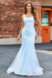 Light Blue Sparkly Beaded Mermaid Long Formal Dress