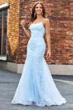 Light Blue Sparkly Beaded Mermaid Long Formal Dress