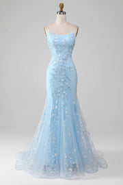 Sparkly Light Blue Beaded Mermaid Long Formal Dress