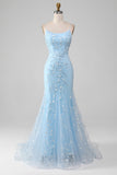 Sparkly Light Blue Beaded Mermaid Long Formal Dress