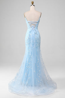 Sparkly Light Blue Beaded Mermaid Long Formal Dress