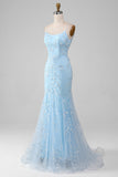 Sparkly Light Blue Beaded Mermaid Long Formal Dress