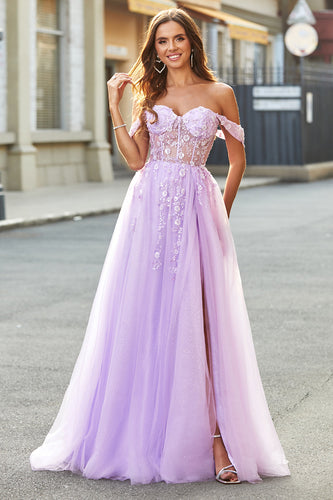Off The Shoulder Lilac A-Line Beaded Corset Formal Dress
