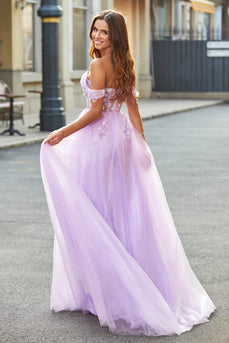 Off The Shoulder Lilac A-Line Beaded Corset Formal Dress