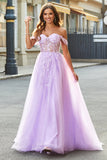 Off The Shoulder Lilac A-Line Beaded Corset Formal Dress