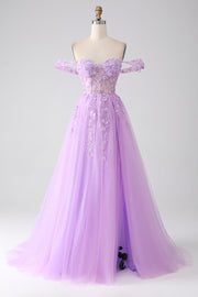 Lilac A-Line Off The Shoulder Beaded Corset Formal Dress