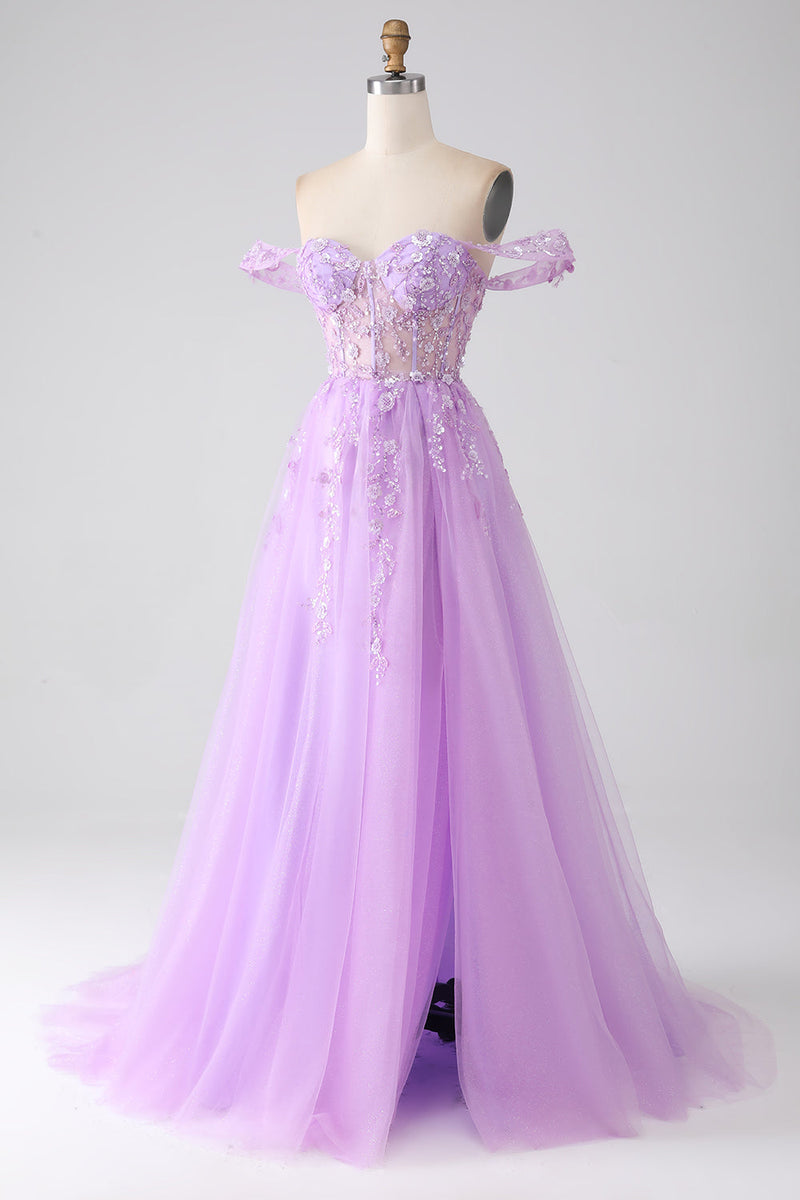 Load image into Gallery viewer, Lilac A-Line Off The Shoulder Beaded Corset Formal Dress