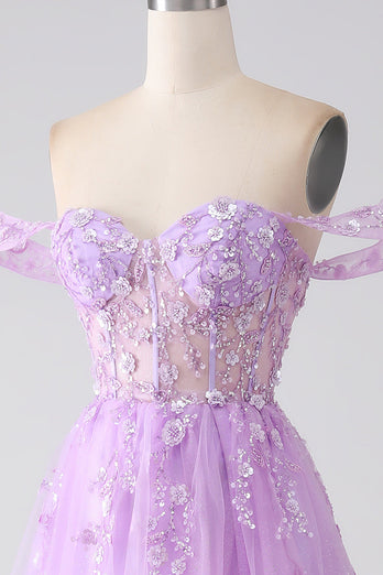 Lilac A-Line Off The Shoulder Beaded Corset Formal Dress