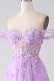 Lilac A-Line Off The Shoulder Beaded Corset Formal Dress