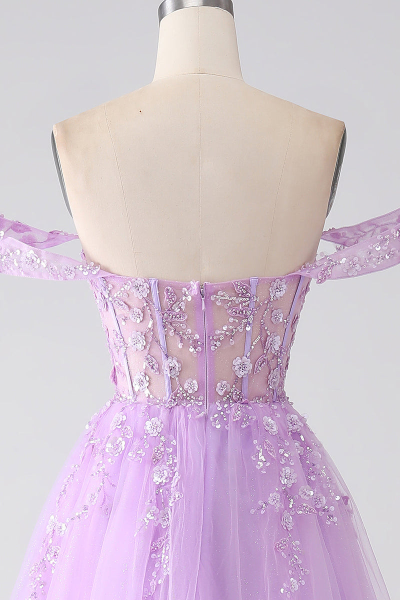 Load image into Gallery viewer, Lilac A-Line Off The Shoulder Beaded Corset Formal Dress
