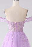 Lilac A-Line Off The Shoulder Beaded Corset Formal Dress