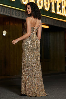Sparkly Mermaid Golden Long Fringed Formal Dress with Slit