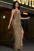 Load image into Gallery viewer, Sparkly Mermaid Golden Long Fringed Formal Dress with Slit