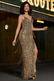 Sparkly Mermaid Golden Long Fringed Formal Dress with Slit