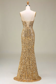 Sparkly Mermaid Golden Long Formal Dress with Slit