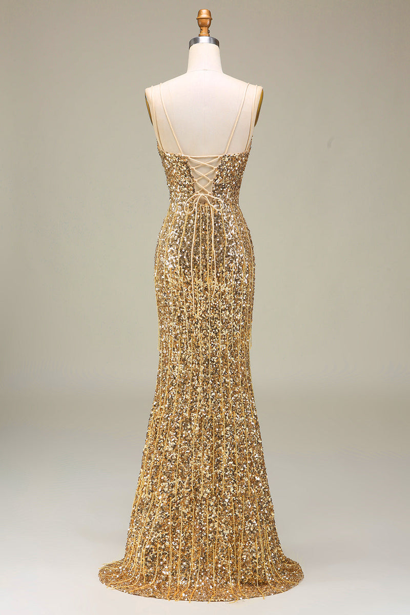 Load image into Gallery viewer, Sparkly Mermaid Golden Long Formal Dress with Slit