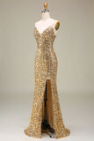 Sparkly Mermaid Golden Long Formal Dress with Slit